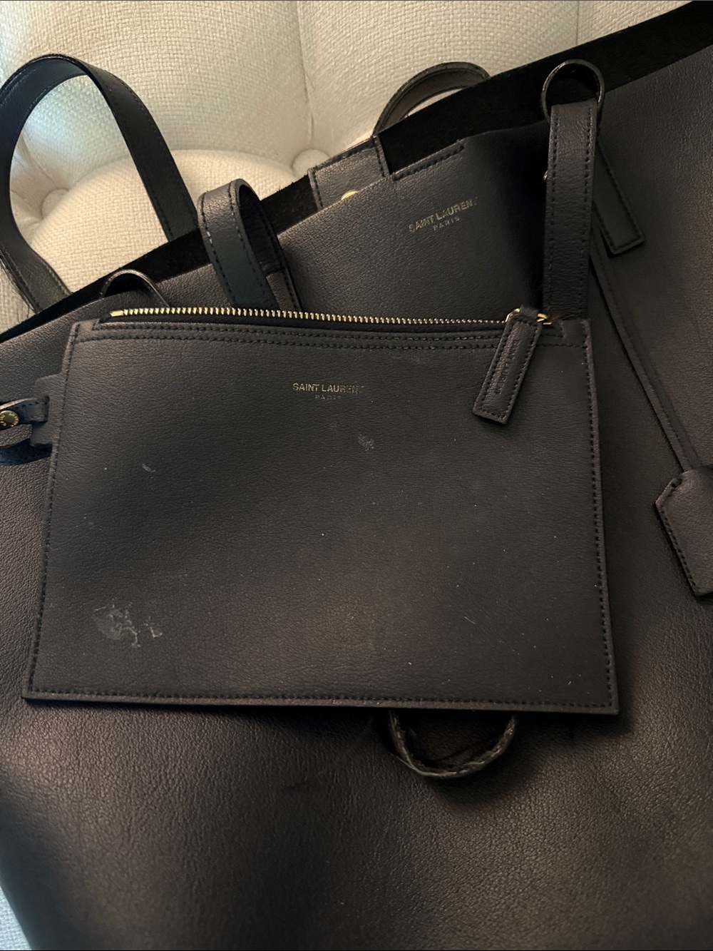Yves Saint Laurent Navy Leather Shopping Tote with Gold YSL Tag & Inner Clutch - Picture 10 of 11